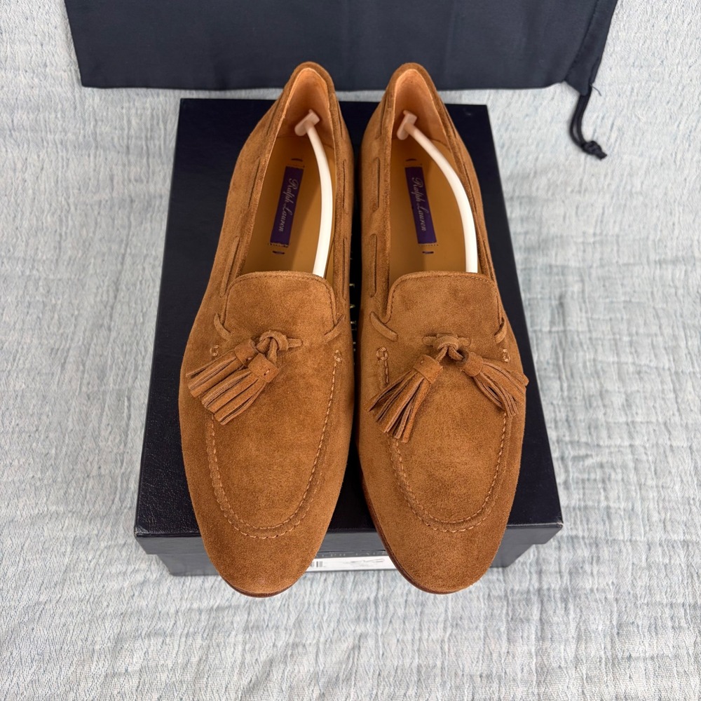 Ralph Lauren Purple Label Quillis Tassel Loafers Teak Calf Suede EU 38.5 US 8.5 - Picture 2 of 16